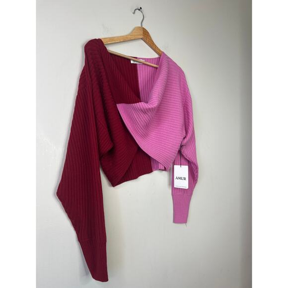 NWT Amur V-Neck Rib Knit Wool Twist Front Cruz Twist Sweater Cranberry Red - Picture 4 of 10